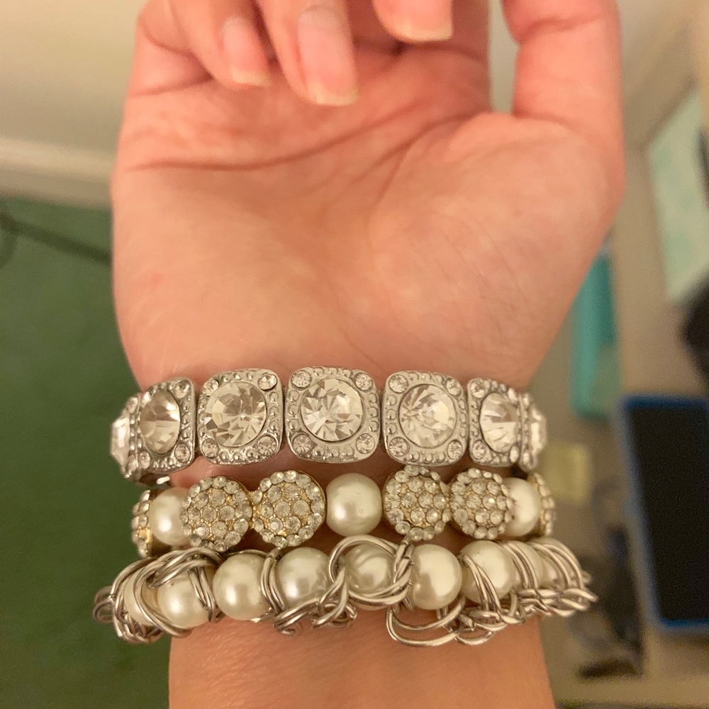 Elastic faux pearl/fake cubic bracelet Set
